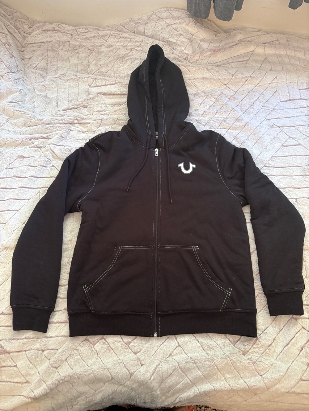 True Religion Black Full-Zip Hoodie with White Horseshoe Patch
